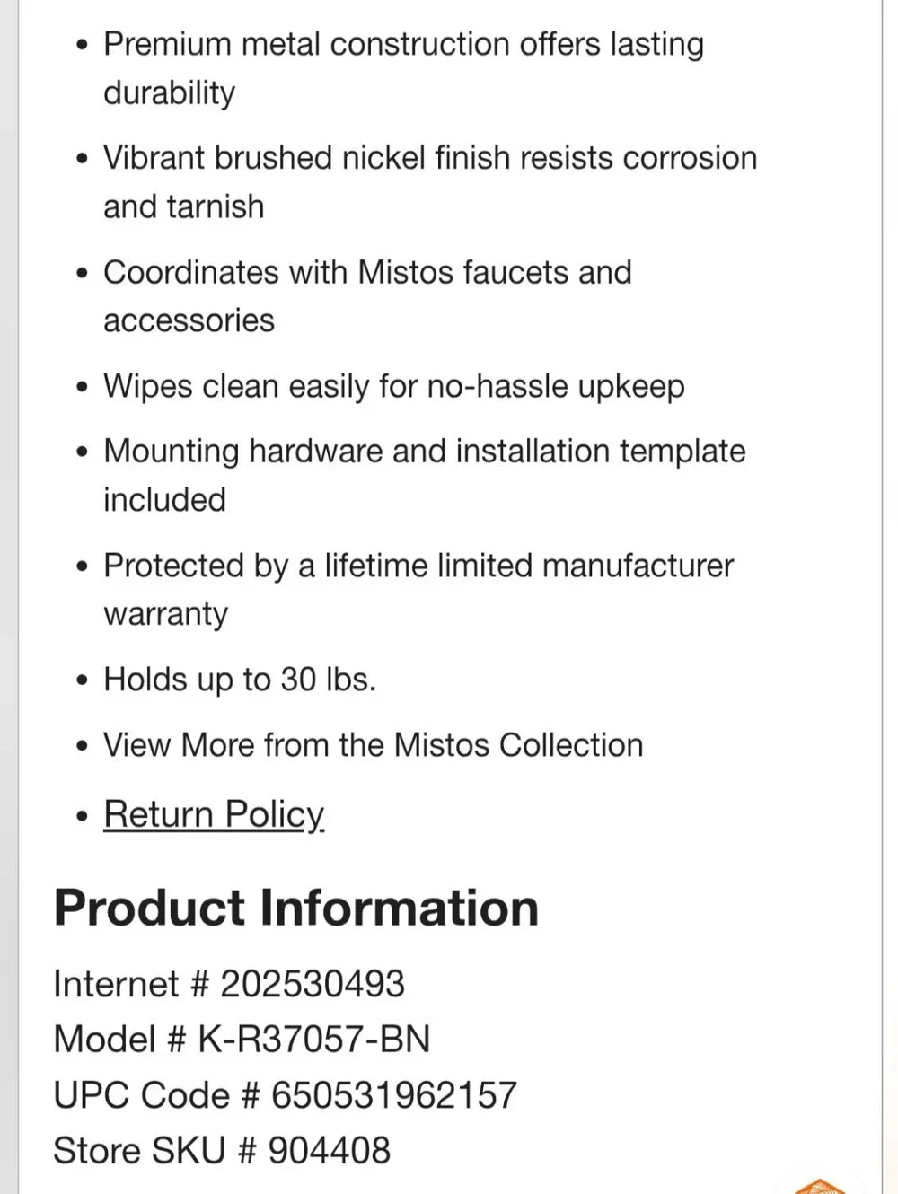 KOHLER Mistos Towel Ring (Model R37057-BN) - NEW